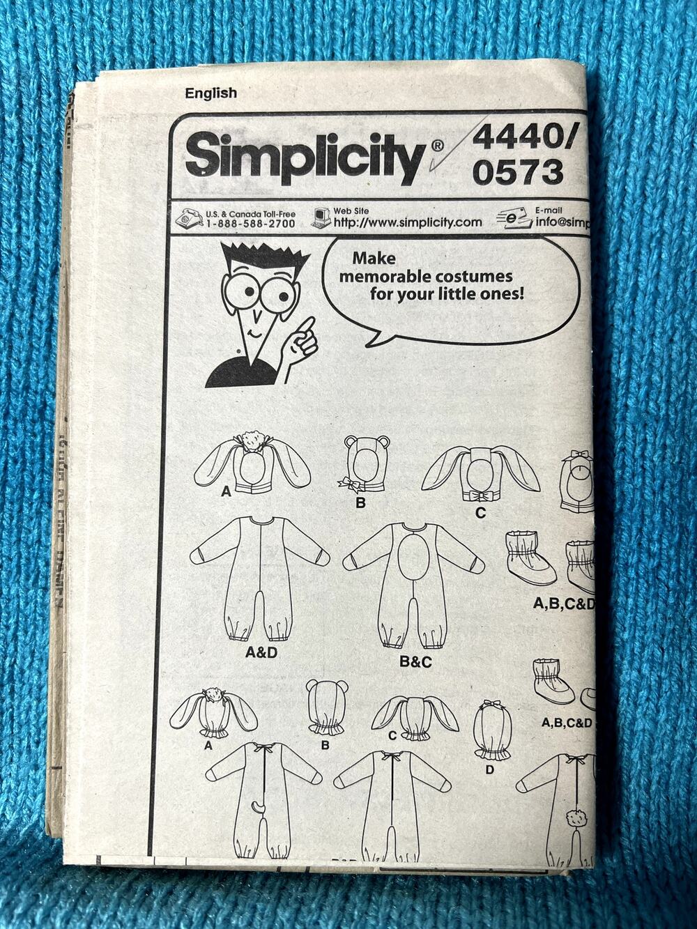 Simplicity 4440 Sewing pattern kids Bunny Dog bear costume size 1/2-4